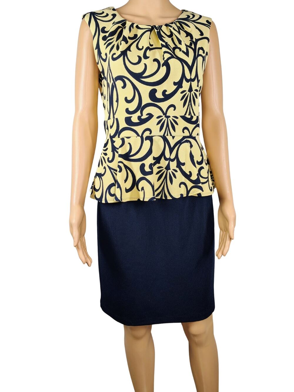 Yellow Peplum Short Sleeve Fitted Midi Dress Vine Design Navy Blue Skirt  Size 8